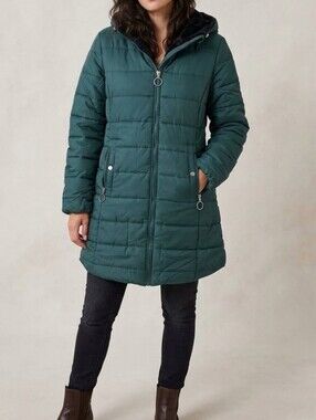 NWT Green Quilted Puffer Parka Coat Plush Fleece Lined Hooded Zip Up Jacket - S